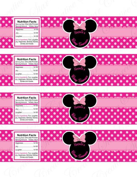 Minnie Mouse Water Bottle Labels, Free Printable Minnie Mouse, Minnie Mouse Template, Minnie Baby Shower, Custom Water Bottle Labels, Minnie Mouse Invitations, Printable Water Bottle Labels, Bottle Labels Printable, Water Bottle Labels Template