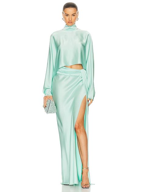 Lapointe Doubleface Satin Crop Caftan Top in Seafoam | FWRD Satin Top And Skirt Outfit, Matching Set Outfit Two Pieces, Set Outfit Two Pieces, Matching Set Outfit, 90s Inspired Outfits, Girls Stuff, Matching Sets Outfit, Glam Outfit, Fantasy Dresses