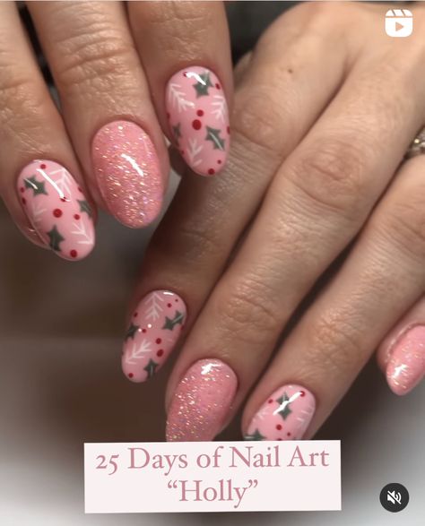 Red And Pink Holiday Nails, Holiday Accent Nail, Pink Xmas Nails Sparkle, Christmas Pink Nail Designs, Girlie Christmas Nails, Christmas Nails With Pink, Pink December Nails, Fun Holiday Nails, Sugar Plum Fairy Nails