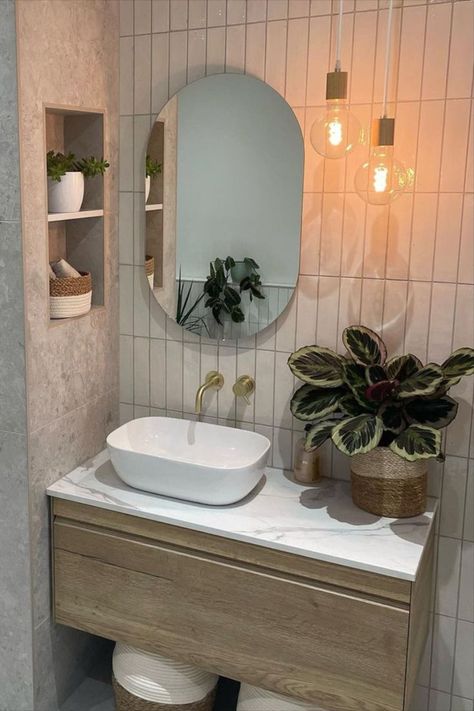 Oak with Marble Carrara Worktop, Brushed Brass Wall Mounted Tap, Freestanding Basin and Slimline Finn Mirror Contemporary Bathroom Inspiration, Modern Contemporary Bathroom, Bathroom Vanity Wall, Going Nowhere, Neutral Bathroom, Wall Taps, Wall Mounted Taps, Bathroom Design Inspiration, Bathroom Trends