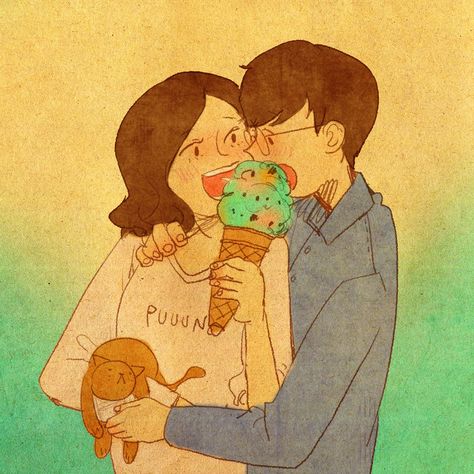 I love Ice cream! Puung Couple, Puuung Love Is, Couple Illustration, Love Illustration, Cute Couple Art, Korean Artist, Couple Drawings, Couple Art, Happy Love