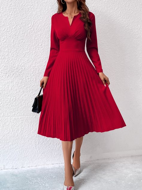 Red Elegant Collar Long Sleeve Knitted Fabric Plain A Line Embellished Slight Stretch  Women Dresses Comfy Jumpsuits, Burgundy Style, Pleated Neckline, Elegant Pattern, Camisole Dress, Formal Dresses For Women, Floral Pants, Loungewear Set, Hem Dress