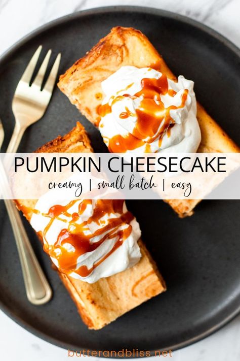 Creamy Pumpkin Swirl Cheesecake for Two! An easy recipe for thick and creamy cheesecake combining the flavors of pumpkin pie and the sweet tartness of cheesecake.  ButterandBliss.net | #smallbatch #cheesecakerecipes #pumpkinrecipes Small Batch Pumpkin Cheesecake, Cheesecake For Two, Roast Beast, Chocolate Chip Cake Recipe, Pumpkin Swirl Cheesecake, Batch Baking, Bakery Treats, Swirl Cheesecake, Cold Cake