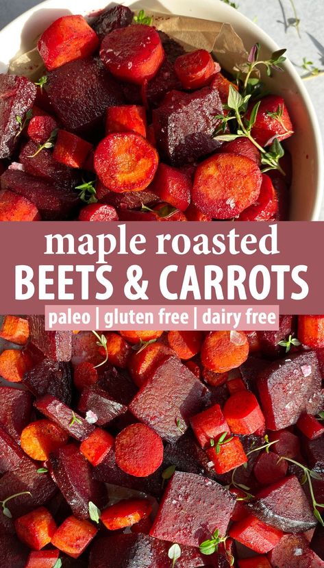 These maple roasted beets and carrots are a healthy dinner side dish packed with flavor. This recipe is made with thinly sliced beets and carrots that are coated in maple syrup and cinnamon, baked in the oven and then topped with flaked salt and fresh thyme. These baked beets and carrot are paleo friendly, gluten free and dairy free. Roasted Carrots And Beats, Maple Roasted Beets And Carrots, Slow Cooker Beets And Carrots, Roasted Carrots And Beets Oven, Roasted Beets With Lemon-tahini Dressing, Baked Carrots Recipe Healthy, Beets And Carrots Roasted, Crockpot Beets Recipe, Roast Beets Oven