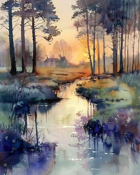 Basic Watercolor, Watercolor Art Landscape, River Painting, Diy Watercolor Painting, Angel Painting, Watercolor Flower Art, Art Painting Gallery, 수채화 그림, Encaustic Art