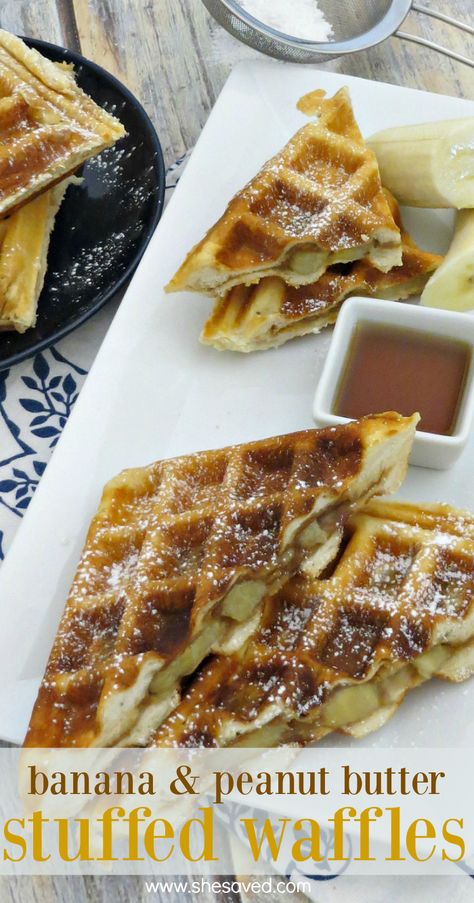 Stuffed Waffles Recipe, Stuffed Waffles, Stuffed Waffle, Banana And Peanut Butter, Pillsbury Grands, Waffle Iron Recipes, Banana Waffles, Waffle Maker Recipes, Amazing Breakfast