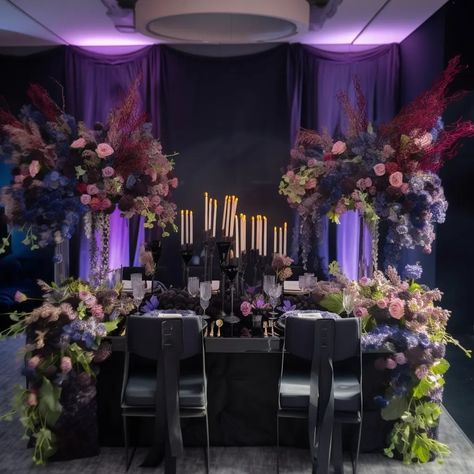 hydrangea black tablecloth, purple flowers, presidium wedding purple wedding black and purple Black And Lilac Wedding, Royalcore Wedding, Purple Black Wedding, Orange Purple Wedding, Pineapple Cupcake, Periwinkle Wedding, Purple Wedding Reception, 18th Party, Amber Wedding