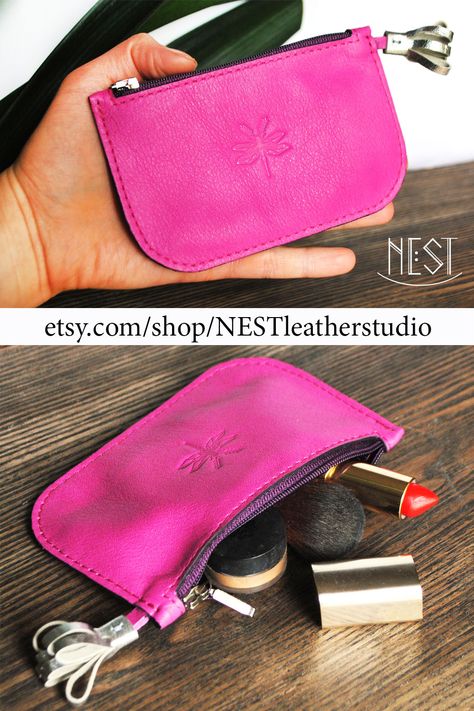 Mini Makeup Pouch, Pink Pouch, Money Pouch, Mini Makeup, Makeup Pouch, Leather Projects, Nice Leather, Leather Pouch, Pink Leather