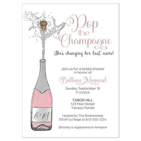 PRICES MAY VARY. ♥ Invite guests to your bridal shower or bachelorette party with this invitation featuring a pink champagne bottle. ♥ Includes 12 Invitations and 13 White Envelopes. ♥Invitations measure 5x7 inches and custom printed with your even details. ♥ Printed on high quality matte smooth finish card stock. ♥ All our products are Made with Love in the USA. ♥ Female owned & veteran owned small business. ♥ Invite guests to your bridal shower or bachelorette party with this invitation featur Pink Champagne Bottle, Wedding Shower Invites, Bridal Shower Checklist, Shower Checklist, Bridal Shower Bachelorette Party Ideas, Bridal Shower Champagne, Pop The Bubbly, Pink Bridal Shower Invitations, Wedding Shower Themes