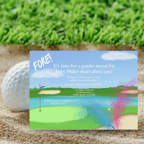 Gender Reveal Decor, Golf Baby, Gender Reveal Party Invitations, Gender Reveal Decorations, Gender Reveal Invitations, Baby Gender Reveal, Reveal Ideas, Hole In One, Baby Gender