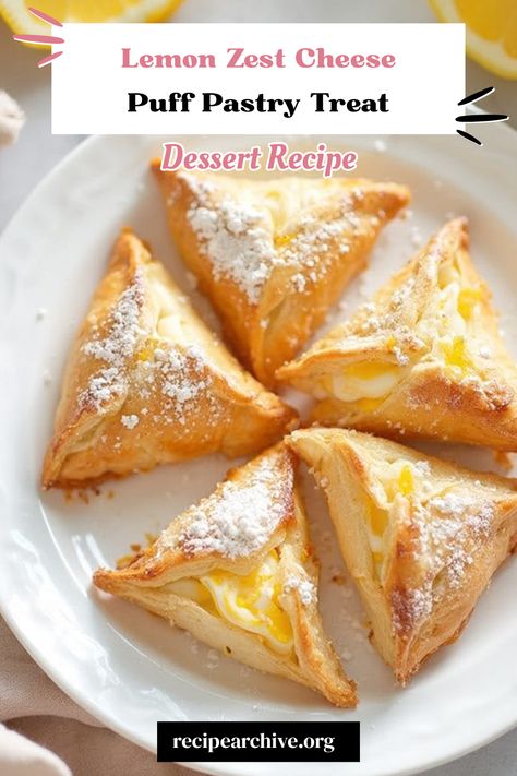 Lemon Zest Puff Pastry Treat Lemon Pastry Recipes, Lemon Puff Pastry Desserts, Phyllo Dough Recipes Dessert, Lemon Puff Pastry, Puff Pastry Cheese, Lemon Pastry, Philo Dough, Puff Pastry Treats, Phyllo Dough Recipes