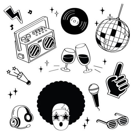 Disco Doodle Art, Retro Disco Illustration, Disco Ball Simple Drawing, Disco Drawing Art, Disco Aesthetic Drawing, Cute Small Illustration, Disco Flash Tattoo, Disco Ball Logo Design, Disco Ball Tattoo Design