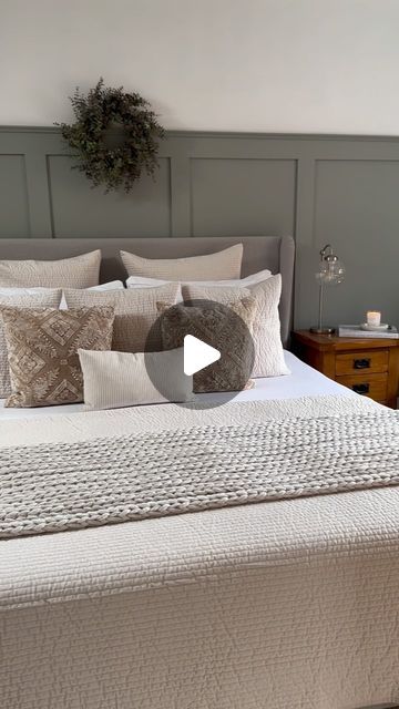 Meg McEnery on Instagram: "B E D R O O M R E E L We are feeling very ready for the weekend here. It’s been an ultra busy week and we’ve made great progress with the bathroom renovation. Berkeley Bed and all Bedding (Milan textured matte bedspread and cushion covers with Cambridge duvet cover and pillow cases, Montreal throw) @dusk.com Table lamp @nextofficial Panelling @farrowandball Pigeon Wall colour @duluxuk Timeless Bedside tables @oak_furniture_land Print @themuseehome Blind @blinds2go Vase and faux eucalyptus @perchandparrow #bedding #bedroom #bedroominspo #bedroomdecor #bedroomdesign #bedroominterior #bedroompanelling #panelling #panelledwalls #duskbedding #duskbeds #farrowandball #farrowandballpigeon #greenpaint #cushions #bedroomcushions #farmhousestyle #farmhou Oak Furniture Land, Faux Eucalyptus, Oak Bedside Tables, Bedroom Cushions, Wall Colour, Number 15, Instagram B, M R, Oak Furniture