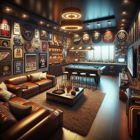 This ultimate man cave is dotted with sports memorabilia, features a pool table, large screen TV with gaming console, well-stocked bar, plush couch, guitar, and jukebox. It's welcoming and ideal for relaxation. 
#ManCave #HomeBar #GameRoom #SportsMemorabilia #EntertainmentRoom #HomeDecor Gentlemen Man Cave, Steampunk Game Room, Home Sports Bar Ideas, Basement Sports Bar Ideas, Sports Basement, Moody Game Room, Basement Sports Bar, Sports Memorabilia Room, Garage Game Rooms