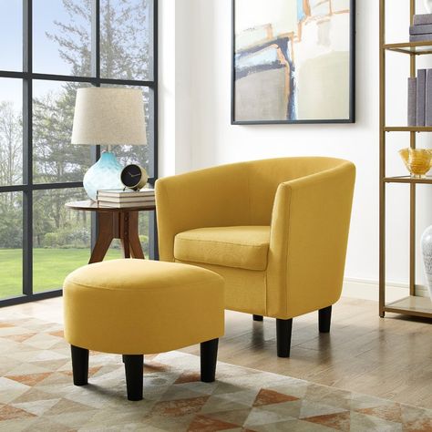 Amabel Barrel Chair Yellow Accent Chairs, Upholstered Chairs Fabric, Single Couch, Lobby Ideas, Armchair With Ottoman, Comfy Armchair, Fabric Yellow, Chair With Ottoman, Yellow Chair