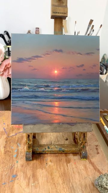 Dreamy Sunset Painting, Sunrise Ocean Painting, Acrylic Paint Beach, Sunset With Flowers Painting, Acrylic Drawing Ideas, Painting Ideas Sea, Painting Background Ideas, Sea Sunset Painting, Beach Painting Acrylic