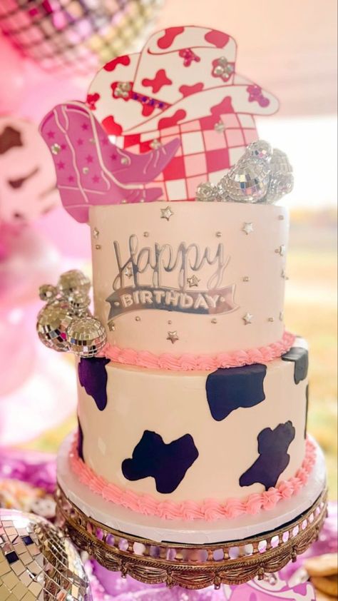 Dolly Parton Themed Cake, Disco Cowgirl Birthday Party Cake, Dolly Parton Cake Ideas, Disco Cowgirl 1st Birthday Cake, Dolly Parton Bday Party, Cowgirl Birthday Party Cake, Man I Feel Like I’m One Birthday Party Smash Cake, Dolly Parton Birthday Cake, Pink Cow Print Birthday Cake