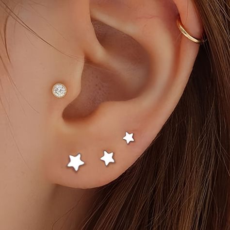 Piercings Chart, 3 Ear Piercings, Sterling Silver Star Earrings, Ear Piercings Chart, Piercing Chart, Silver Star Earrings, Ear Piercings Cartilage, Geometric Studs, Lobe Piercing