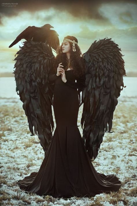 Angel Photoshoot, Dark Angel Wings, Dark Angel Costume, Mother Earth Art, Angel Photography, Gothic Angel, Extremely Long Hair, Angel Artwork, Black Angel