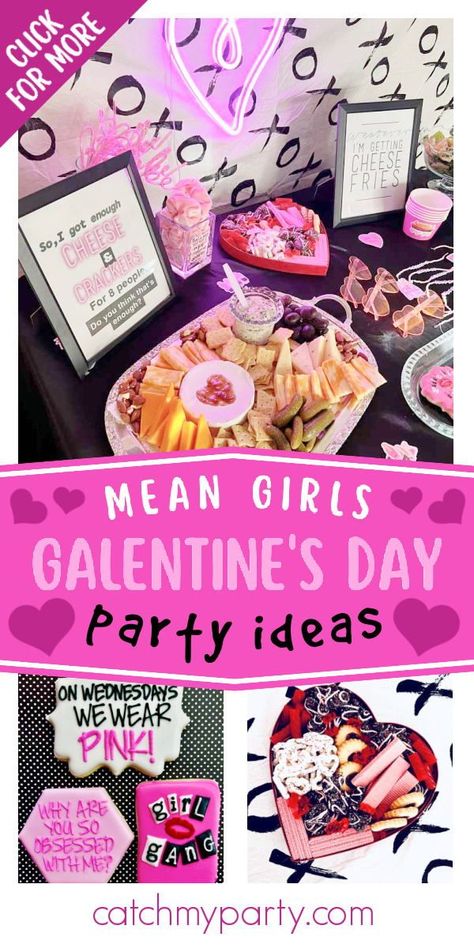 Check out this cool Mean Girls Valentine's Day party! The partyt food is awesome! See more party ideas and share yours at CatchMyParty.com Mean Girls Valentines Party, Meangirls Inspired Party, Mean Girls Galentines Party, Mean Girls Themed Food, Mean Girls Food Ideas, Mean Girls Cookies, Mean Girls Party Food, Mean Girls Movie Night, Mean Girls Party Ideas