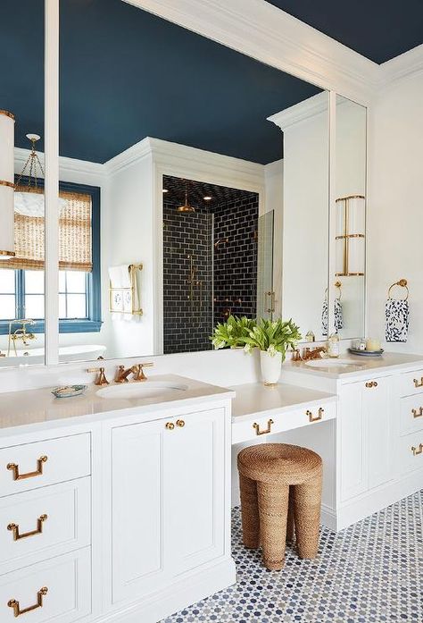 White Lacquer Desk, Boy Nursery Design, Blue Boys Bedroom, Polished Nickel Faucet, Quartz Backsplash, Geometric Bedding, Double Bath, Transitional Bathroom, Bathroom Design Inspiration