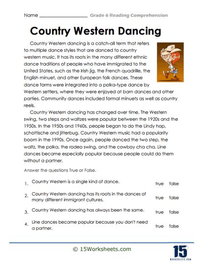 Country Western Dancing Worksheet - 15 Worksheets.com Dance Worksheets, Dance Western, Dance Goals Worksheet, Country Line Dance Songs, Western Dance Steps, How To Line Dance Country, True Or False Questions, Irish Jig, Holiday Science