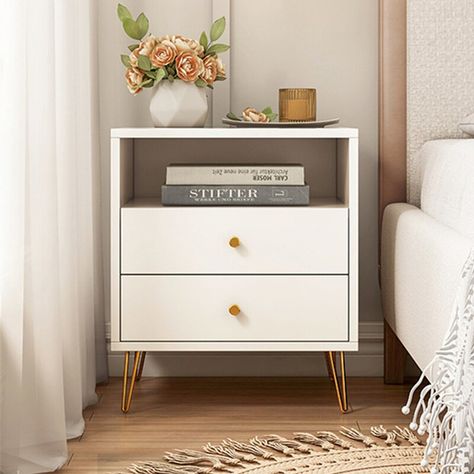 Willa Arlo Interiors Mcalpin 21.6'' Tall Nightstand in White/Gold & Reviews | Wayfair Nightstand Aesthetic, Meja Nakas, Small Bedside Table, White Bedside Table, Прикроватные Тумбочки, Gold Bedroom, Metal Cabinet, White Nightstand, غرفة ملابس