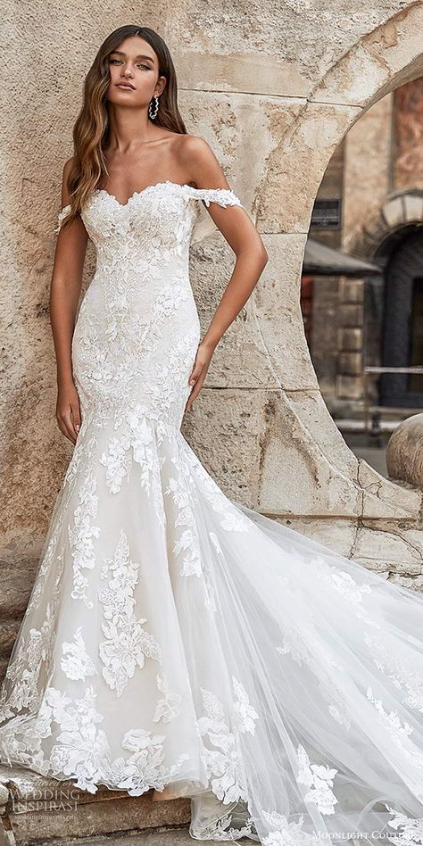 Elegant Wedding Dress Mermaid, Fit N Flare Wedding Dress, Bridal Off Shoulder, Wedding Dress Cathedral Train, Wedding Dress Cathedral, Moonlight Couture, Wedding Dress Sweetheart, Strapless Wedding Dress Mermaid, Wedding Dresses Mermaid Sweetheart