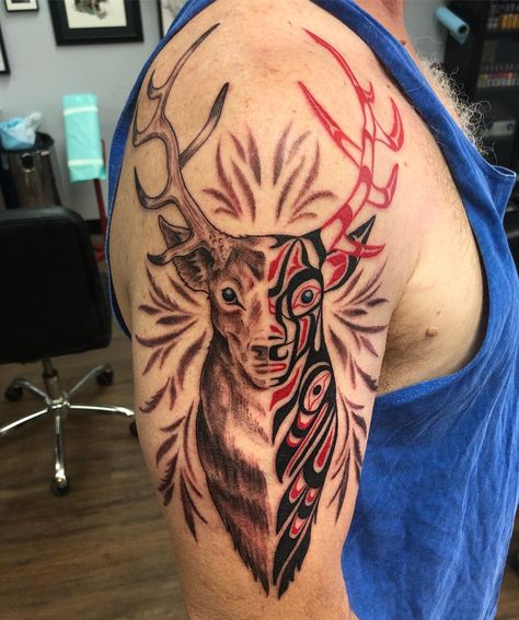 Alaskan Native Tattoos, Native American Deer Tattoo, Salish Tattoo, Indigenous Tattoos, Alaska Tattoo, Haida Tattoo, Elk Tattoo, Neat Tattoos, Pnw Art