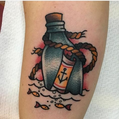 Traditional style message in a bottle tattoo by Jeroen Van Dijk Message In A Bottle Tattoo, Pi Tattoo, In A Bottle Tattoo, Traditional Nautical Tattoo, Simple Tattoo Fonts, Sea Tattoos, Mermaid Tattoo Designs, Traditional Style Tattoo, Cross Tattoos For Women