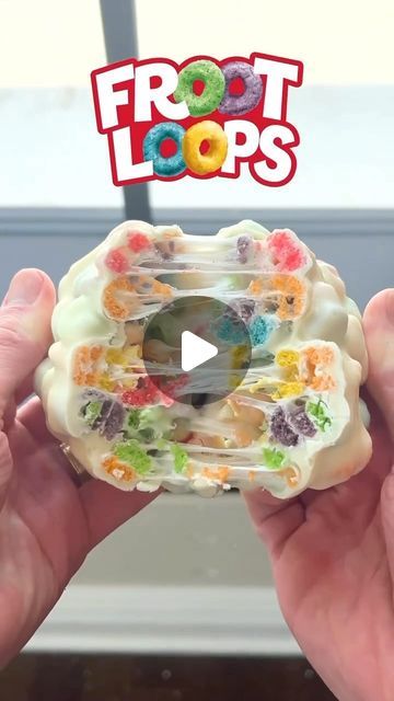 We’re Hungry on Instagram: "A Froot Loops cereal bar taken to another level🔥Full recipe below:  -10 Marshmallows -1 Tbsp Butter -1 Cup Froot Loops -1/2 Cup Melted White Chocolate   1. Add the marshmallows and butter to a bowl. 2. Microwave for about 1 minute then give it a stir. 3. Add the Froot Loops to the bowl and mix to combine. Shape the mixture into a square. 4. Melt white chocolate and cover the cereal bar completely in the chocolate.  5. Freeze it for a few minutes until the chocolate sets. Enjoy!" Froot Loops Cereal, Melted White Chocolate, White Chocolate Covered, How To Make Marshmallows, Cereal Bar, Krispy Treats, Blondie Brownies, Melting White Chocolate, Rice Krispy