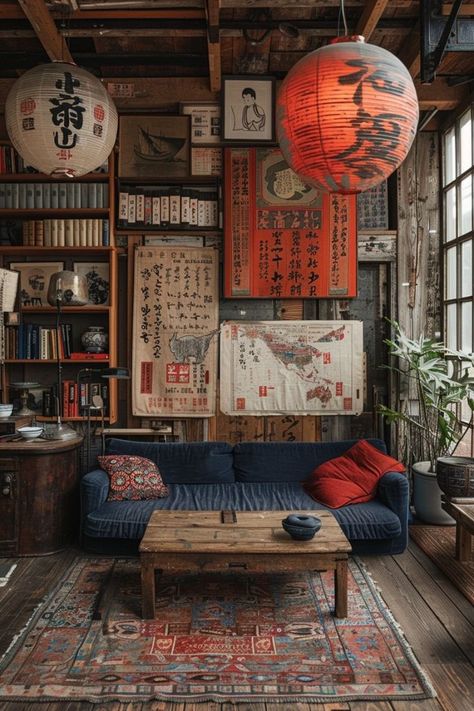 Japanese Maximalism, Asian Room, Instagram Magazine, Asian Living Room, Japanese Living Room, Boho Living Room Ideas, Men Cave, Asian Interior, Ethnic Chic