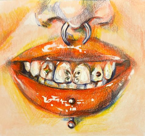 cute smile sketch . . . . #art #coloredpencildrawing #toothgems #cuteart #smallartist #sketchbook #piercings Toothy Smile Drawing, How To Draw Teeth Smile, Smiling Mouth Drawing, Drawing Of Mouth, Teeth Drawings, Teeth Sketch, Weird Art Sketches, Mouth Sketch, Teeth Painting