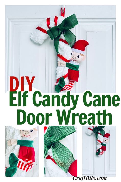 Dollar Tree Elf, Dollar Tree Elves, Elf Christmas Wreath, Elf Characters, Elf On A Shelf, The Elf On The Shelf, Candy Cane Wreath, Festive Wreath, Elf Christmas