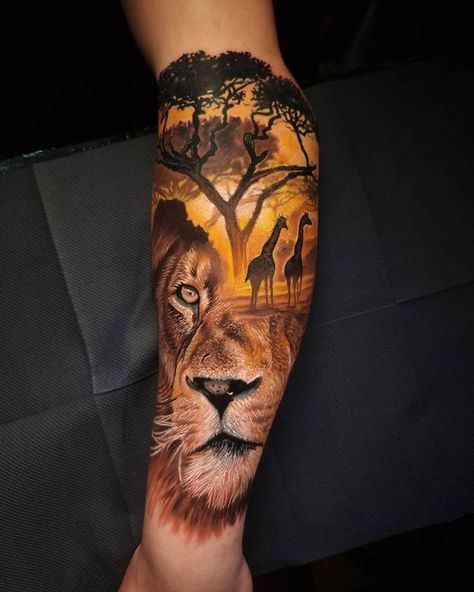 Lion & Giraffes by Marek Hali, owner of Hali Tattoo Studio in Gorlice, Poland. Safari Tattoo Ideas, Safari Tattoo, African Sleeve Tattoo, Africa Tattoos, Animal Sleeve Tattoo, African Tattoo, Tattoo Themes, Lion Tattoo Design, Back Of Shoulder Tattoo