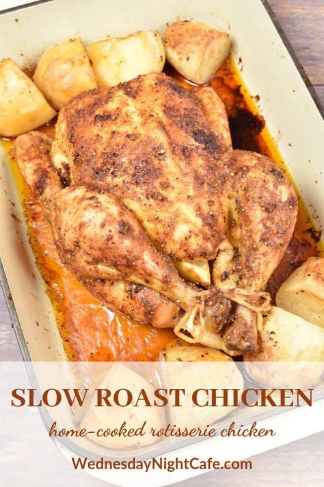 Slow Roast Chicken, also called faux-tisserie chicken, is roasted for a long time at a low oven temperature. Slow Roast Chicken has perfectly tender meat that doesn’t dry out and sweet sticky skin. This is a simple and healthy home-cooked rotisserie chicken. #roastchicken #rotisseriechicken Slow Cook Chicken In Oven, Slow Cooked Whole Chicken In Oven, Slow Oven Roasted Chicken Whole, Slow Roasted Whole Chicken In Oven, Slow Roasted Chicken Oven, Slow Roast Chicken In Oven, Oven Slow Cooked Chicken, Slow Roasted Chicken Whole, Slow Baked Chicken In Oven