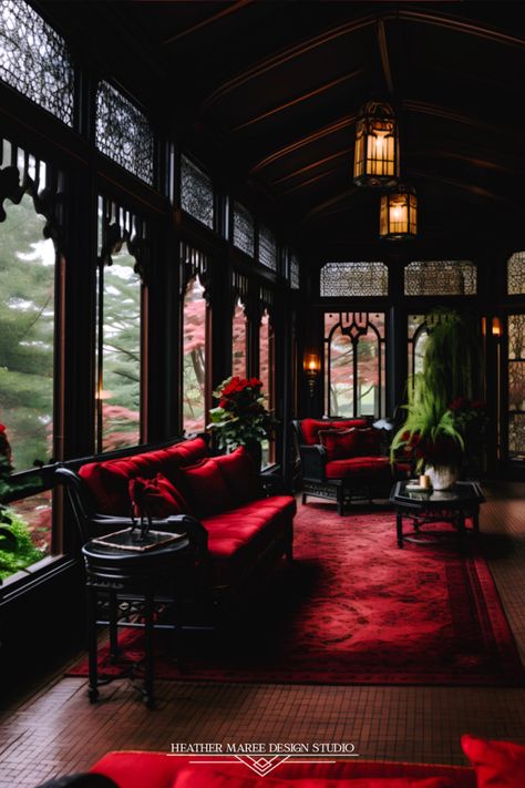 Gothic Patio, Gothic Porch, Real Vamp, Red Patio Furniture, Gothic Lighting, Moody Interior Design, Enclosed Porch, Red Furniture, Victorian Home Decor