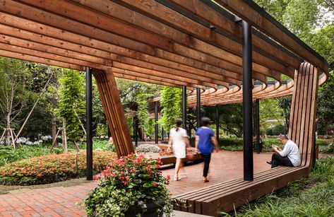 Donghu Park by DLC « Landscape Architecture Platform | Landezine Wisteria Pergola, Walkway Design, Pocket Park, Brick Paving, Landscape Structure, Path Design, Pergola Design, Wooden Pergola, Urban Park