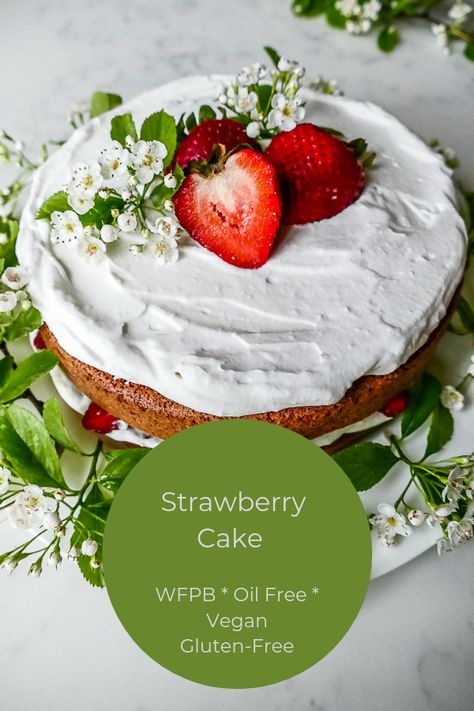 No oil, refined sugar, eggs or dairy but a whole pound of strawberries! Delicious, easy dessert that is whole-food, plant-based.  #wfpb #dessert #cake #vegan #faithfulplateful Healthy Strawberry Cake Recipe, Healthy Strawberry Cake, Faithful Plateful, Whole Foods Cake, Cake Base Recipe, Cake Calories, Plant Based Desserts, Wfpb Recipes, Strawberry Cake Recipes