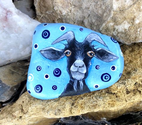 Goat Painted Rocks, Goat Rock Painting, Farm Animal Rock Painting, Goat Paintings Easy, Goat Paintings, Farm Animal Paintings, Goat Art, Learn Watercolor Painting, Painted Rock Animals