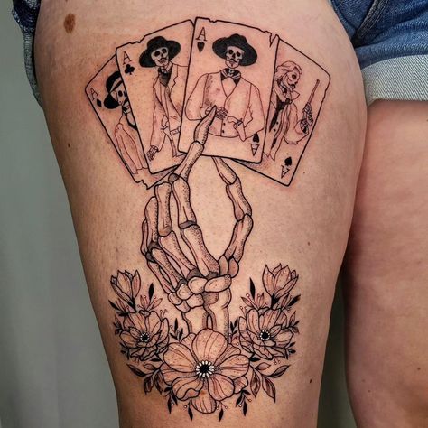 Western Skeleton Tattoos For Women, Leg Tattoos Western, Western Shin Tattoo, Western Traditional Tattoo Sleeve, Skeleton Hand Holding Cards Tattoo, Patchwork Tattoo Ideas Western, Spooky Western Tattoo, Hand Tattoos For Women Western, Western Mens Tattoos