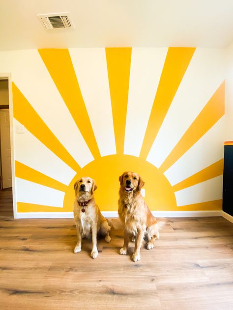 Playroom Ideas Yellow, Nursery Sunshine Mural, Sunshine Painted On Wall, Sun Wall Paint, Sun Mural Kids Rooms, Easy Colorful Wall Mural, Painted Sun On Wall, Sun Wall Murals Painted, Living Room Mural Ideas Diy