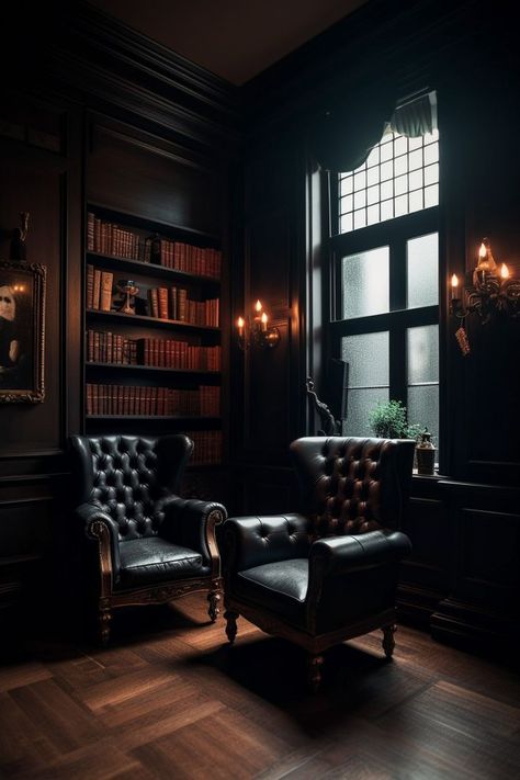 Study Room Old Fashioned, Gentlemen’s Room, Wood Accents Bedroom, Old Fashioned Study, Dark Academia Chair, Dark Academia Lighting, Dark Academia Aesthetic Office, Dark Study Room, Mens Study Office