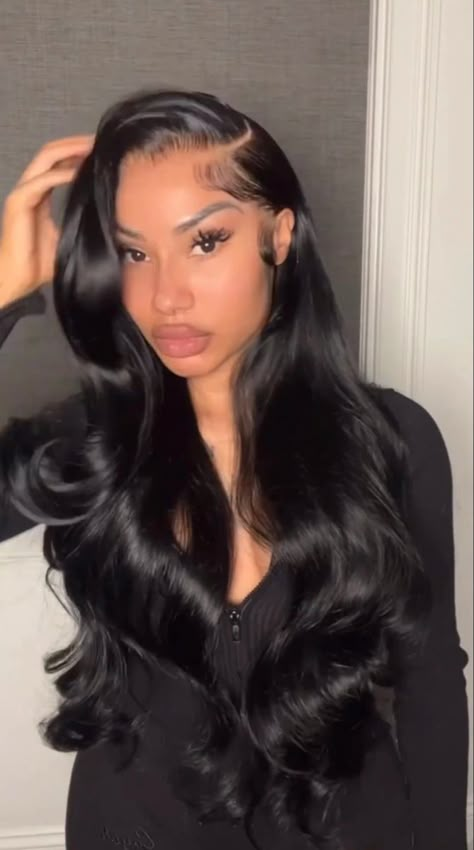 Long Black Side Part Wig, Jet Black Side Part Frontal Wig, Side Part Frontal Wig, Jet Black Wig, Straight Layered Wig, Side Part Wig, Sleek Braid, Long Weaves, Black Hair Inspiration