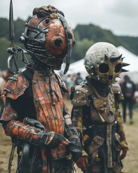 Two people are dressed in post-apocalyptic costumes. They are both wearing metal helmets and armor ->> more details in ai-img-gen.com Apocalyptic Cowboy, Waste Land, Post Apocalyptic Costume, Apocalypse World, Skull Mask, Figure Poses, Hip Hop Outfits, Bike Helmet, Post Apocalyptic