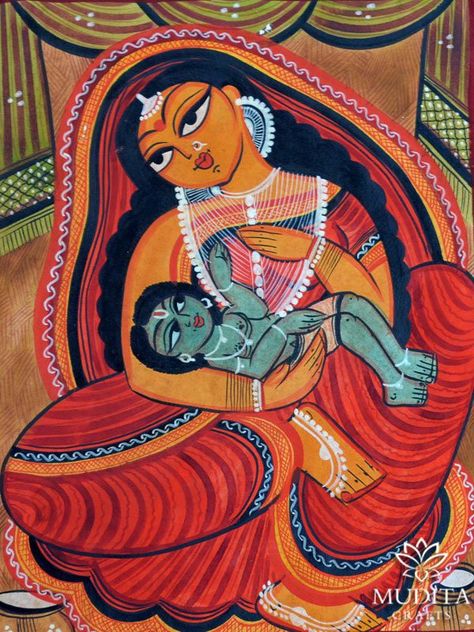 Krishna Yashoda, Kalighat Paintings, Yashoda Krishna, Mythological Stories, Phad Painting, Worli Painting, Color Theory Art, Canvas Art Painting Acrylic, Bengali Art