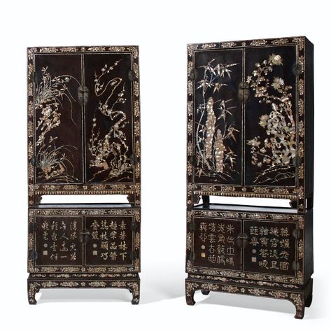 A PAIR OF CHINESE MOTHER-OF-PEARL-INLAID LACQUER COMPOUND CABINETS | 18TH CENTURY | Furniture & Lighting, cabinets/cupboards | Christie's Chinese Cabinet, Lacquer Furniture, Chinese Furniture, Art Storage, Century Furniture, Classical Art, Flower Show, Flower Basket, All Flowers