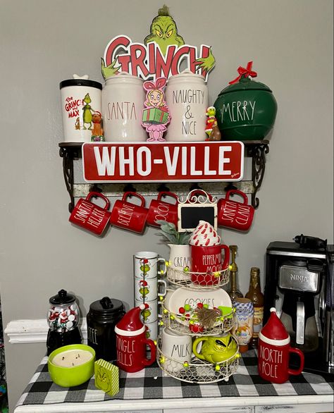 Grinch Themed Christmas Kitchen, Grinch Christmas Coffee Bar, Whoville Kitchen Decor, The Grinch Kitchen Decor, Hot Cocoa Bar Grinch, Grinch Coffee Bar Ideas, Grinch Christmas Kitchen Decor, Grinch Kitchen Decor Ideas, Grinch Cocoa Bar