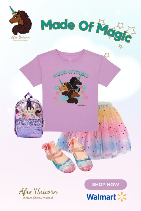 Made of Magic Graphic Tee. Shop Now at Walmart. Graphic Tee Aesthetic. Graphic Tee Aesthetic, Afro Unicorn, Tee Outfits, Unicorn Graphic, Cute Backpack, Graphic Tee Outfits, Unicorn Girl, Mommy And Me Outfits, Trendy Kids