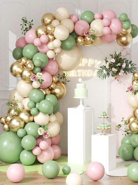 Green Pink And Gold Party Decor, Green Pink And Gold Birthday Party Decor, Green And Pink Balloon Arch, Pink And Green Balloon Arch, Sage Green Birthday Party Decorations, Sage Green And Pink Birthday Decor, Sage And White Balloon Garland, Sage Green And Pink Balloon Arch, Green Pink Balloon Arch